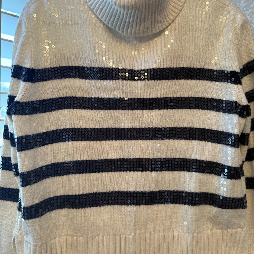 Talbots Cream and navy Striped Sequin Sweater - Picture 3 of 12
